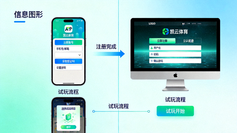 凯云体育新手注册与试玩流程示意图，包含手机和电脑界面展示